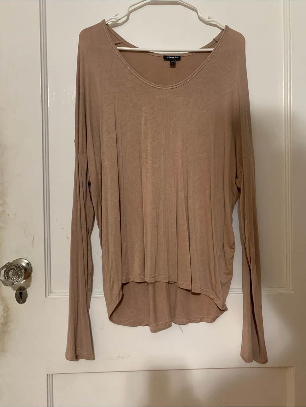 Express Lightweight Scoop Neck Long Sleeve Top - Taupe